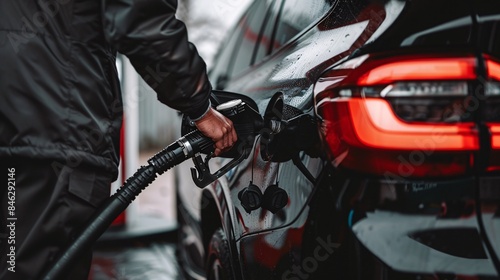 A detailed shot of a motorist's hand pumping pricy fuel at a self-service gas station in Europe. Premium image.