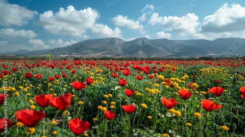 Vibrant flower display of crimson anemones and golden daisies in the south of Israel, perfect for a peaceful picnic on a lovely spring day.