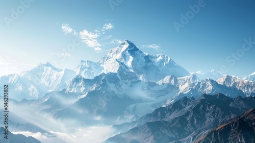 A stunning wide-angle shot capturing the snow-covered Himalayan peaks in the morning light