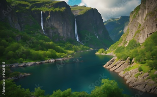 Serene Norwegian fjord with steep, green mountains and waterfalls.