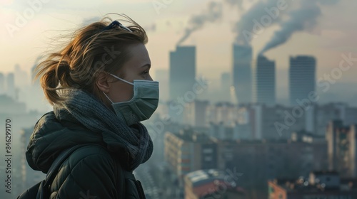 Young woman wearing respiratory mask protect and filter pm2.5. From the rooftop, the woman looks down at the cityscape covered in smog and smoke pollution, City air pollution concept.