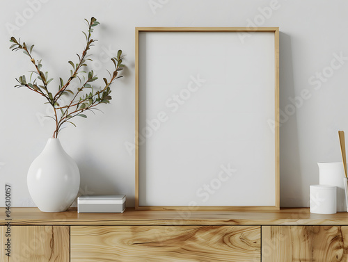 Blank picture frame mockup stands next to wooden cabinets in a white room