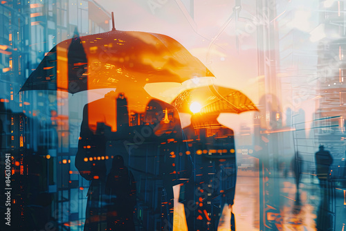 Double exposure image of businessmen holding umbrellas during sunrise, overlaid with a cityscape, representing the concept of modern life and urban challenges