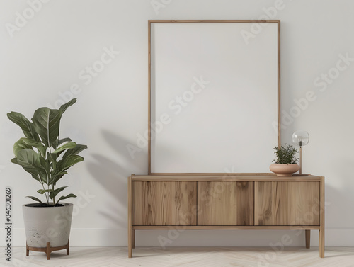 Blank picture frame mockup stands next to wooden cabinets in a white room