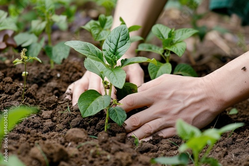 Die Hände einer Person bei der Gartenarbeit, pflanzen von Jungpflanzen 