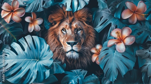 Lion in the jungle, with tropical leaves and flowers. Wild nature outdoor background.