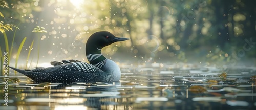 A Canadian loon in a birds-eye view, perfectly blending into its natural aquatic habitat, showcasing the birds natural grace and the tranquil nature surroundings