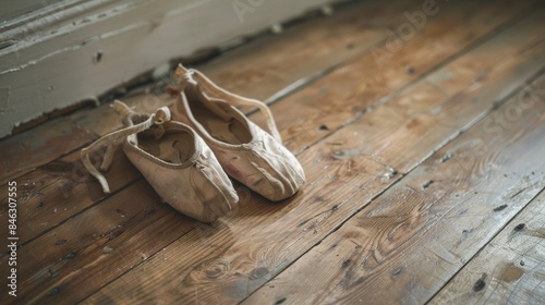 A pair of worn-out ballet slippers placed on a wooden floor evoking memories of childhood dance classes and recitals