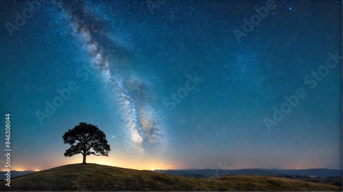 A lone tree on a hilltop under a vast, starry night sky, with the Milky Way clearly visible.