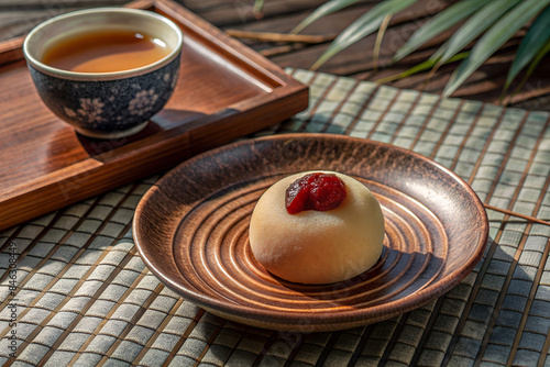 Soft mochi filled with red bean paste, set on a ceramic plate with a cup