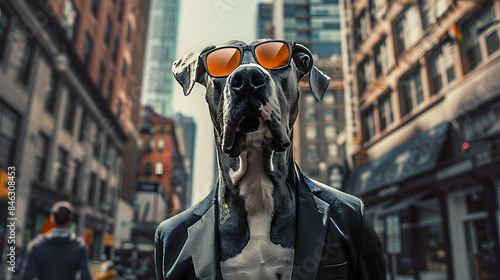 A Great Dane dog wearing sunglasses and dressed in a suit on a city street, proud and majestic, The Boss, Tall buildings in the background. dog dressed like human, 