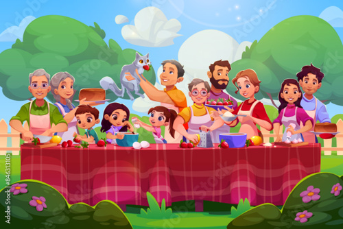 Big family or friends cooking together outdoor. Happy smiling people making strawberry dessert and cakes. Cartoon children, young and adult men and women in apron cook confectionery in garden or park