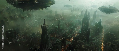 A dramatic scene of an alien invasion at a tilted angle, showcasing extraterrestrial spaceships hovering menacingly over a cityscape in a sci-fi scenario