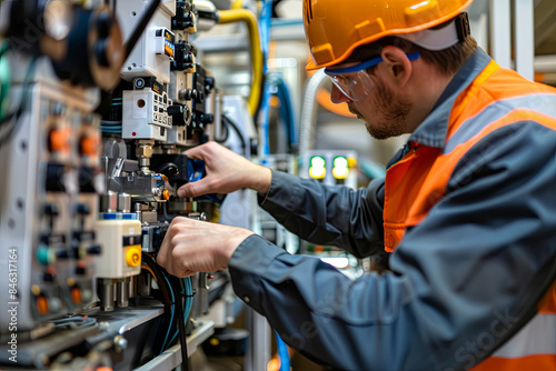 Engineer installing and testing an industrial robot in a manufacturing setting, showcasing advanced automation and technology integration