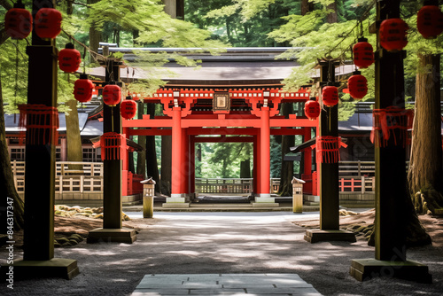 A Japanese Shinto shrine in a serene secluded woodland area