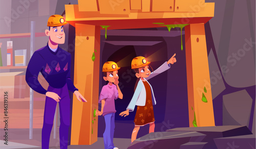 Father and kids exploring dungeon together. Vector cartoon illustration of dad and children enjoying exploration game in mountain mine with sticky slime on wall, wearing helmets with lamps, family fun