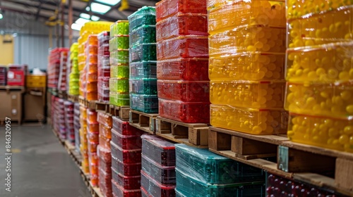 Packed crates of jelly fruit snacks in assorted flavors, ready for shipment, colorful and appealing, organized in a clean shipping area