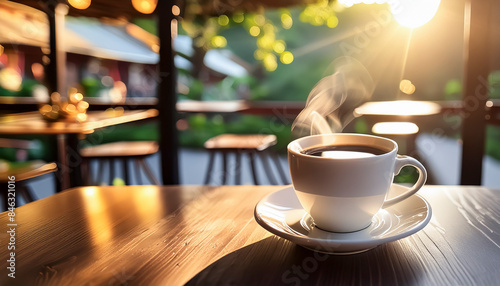 意識高い朝のカフェ日差しを受けて湯気が浮かぶコーヒー・エスプレッソの入ったカップ 飲み物・朝食・リラックス・休憩のイメージ