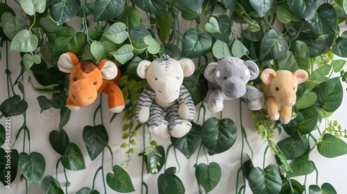 Whimsical Jungle Vine Wall Hanging with Adorable Plush Animal Toys Peeking Out