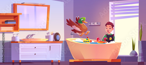 Kid boy in bathroom bathe cat and duck with toys in tub with water and foam. Cartoon vector sink, mirror and furniture, window with blinds in home toilet room. Child with kitty and bird pets have fun.