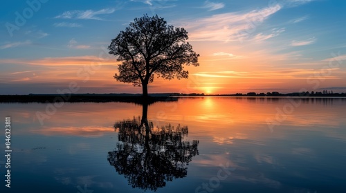 solitary tree standing sentinel on the shore of a tranquil lake, its silhouette mirrored against the backdrop of a breathtaking sunset,
