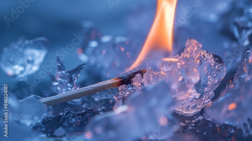 Matchstick flame melting ice, emphasizing the interaction of heat and cold in vivid detail. 