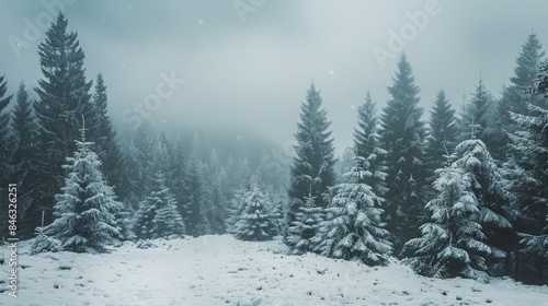 Snow covered trees in a charming Northern European forest on a cloudy winter day