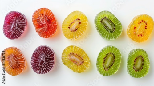 Top view of lemon-shaped jelly fruit snacks in assorted flavors, vibrant colors on an isolated white background, studio lighting highlighting details