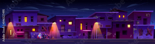 Kid boy friends in Halloween carnival costumes walking on city ghetto street at night. Cartoon vector dusk abandoned neighborhood cityscape with children dressed as ghost, death, bat and frankenstein.