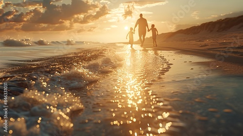 Captivating Family Beach Stroll at Sunset Coastal Scene with Glowing Waves and Silhouettes