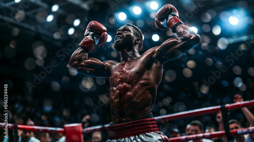 A boxer raises his arms in victory after a hard-fought bout