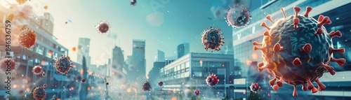 A surreal image of airborne pathogens swirling around a medical facility, symbolizing the need for stringent infection control measures, blending photorealistic and abstract elements