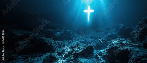 Serene underwater depths in dark blue, highlighted by a glowing cross above