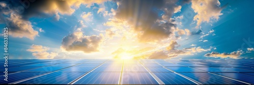 Solar Panels and Sunburst Harnessing Renewable Solar Energy from a Clear Sky. The technology of photovoltaics captures sunlight, providing clean and sustainable power for a greener future