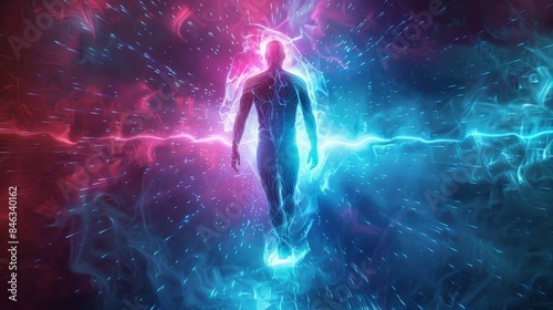 Glowing superhuman with radioactive aura theme top view illustrating enhanced abilities scifi tone vivid