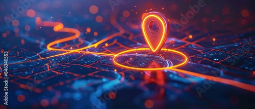 Digital GPS location with glowing pin and route path on a futuristic map