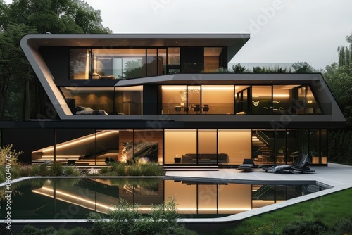A sleek, minimalist house with sharp geometric lines, large glass windows, and a cantilevered second floor, set against a backdrop of a serene landscape