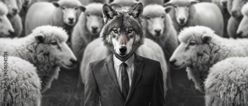 Business betrayal imagery with a wolf in a suit among sheep, highlighting the theme of hidden agendas in the corporate world