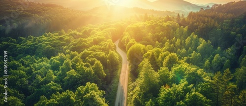 Aerial shot of a forest road with sun flares, emphasizing a straight, sustainable path aligned with ESG values