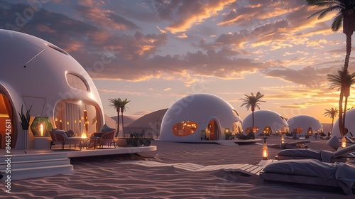 A futuristic desert oasis resort with Art Deco-inspired domes, offering a luxurious retreat amidst ancient sands.