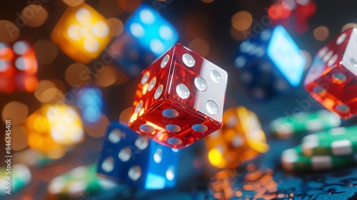 Colorful dice falling and spinning in the air, with a bokeh background. Photo represents chance, luck, and gambling.