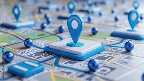 Map with blue location pins and mobile device in a digital navigation concept local SEO