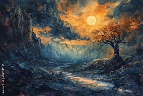Surreal night landscape with a glowing moon, barren tree, and dramatic clouds creating a mystical atmosphere in dark, rocky terrain.