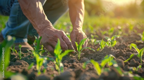 Farmer checks sprouts, agriculture, plantation