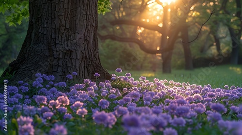  A dense patch of heliotrope flowers growing under the shade of a large tree