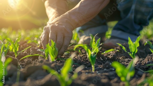 closeup Farmer checks sprouts in sunlight