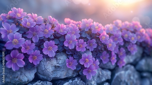  Heliotrope flowers cascading over the edge of a stone retaining wall