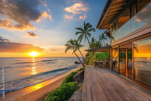 Beachfront Property, The exterior of a stunning beachfront property at sunset. The house features large glass doors opening onto a spacious deck with a view of the ocean. The scene includes palm trees
