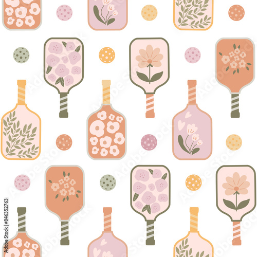 Floral pickleball paddles seamless pattern with balls, flowers. Vector summer game repeat background. Female tennis print in pastel colors, wallpaper, textile, fabric, wrapping paper.