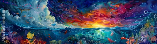 Vibrant underwater sea life and colorful sunset sky in dreamy and abstract painting with rich hues and intricate details.